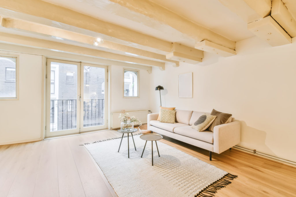 Luxurious spacious living room with a cozy sofa